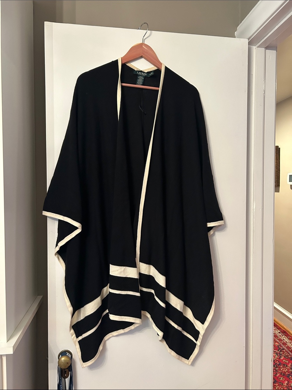 Lauren Ralph Lauren Black Poncho with Cream Trim Accents